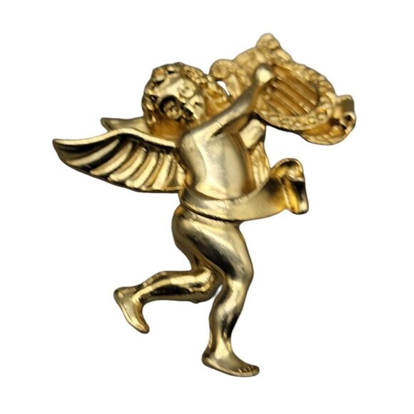Cherub Brooch Large Matte Gold Tone Angel Pendant Playing Harp Vintage - Picture 1 of 9